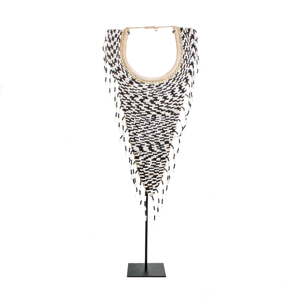 The Tribal Beaded Necklace on Stand - Black White