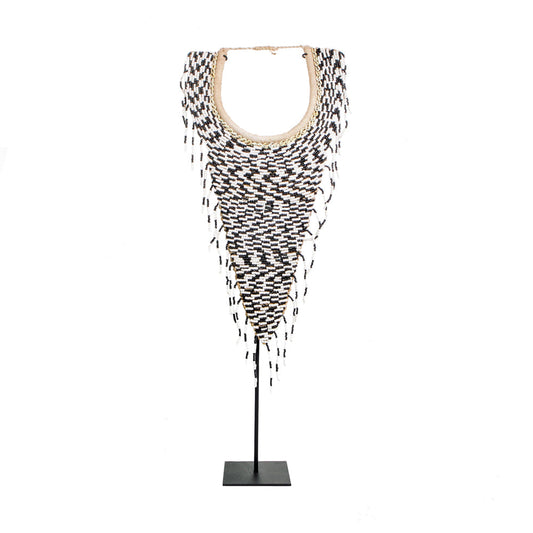 The Tribal Beaded Necklace on Stand - Black White