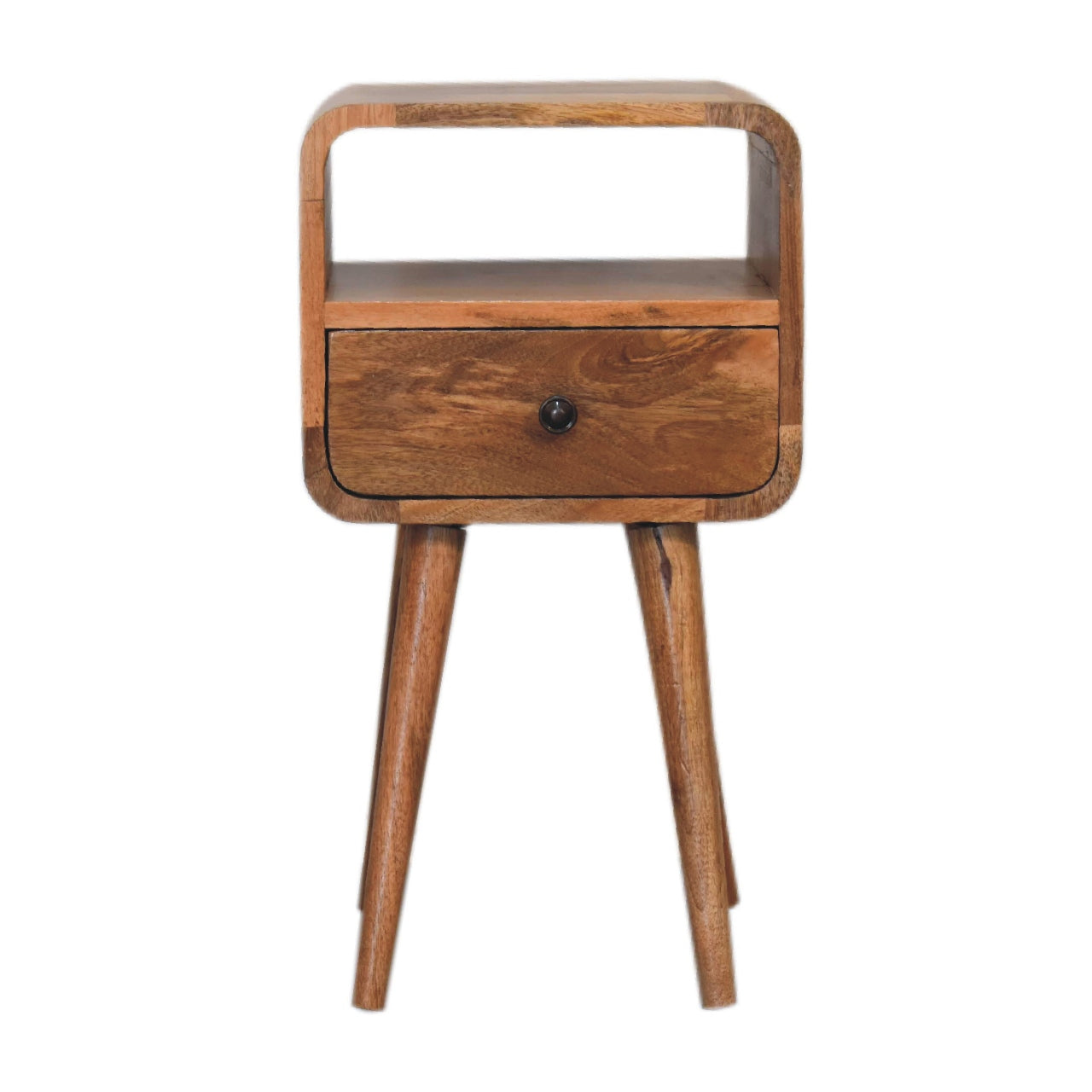 Mini Mesita de Noche Curva Estilo Roble Abierta