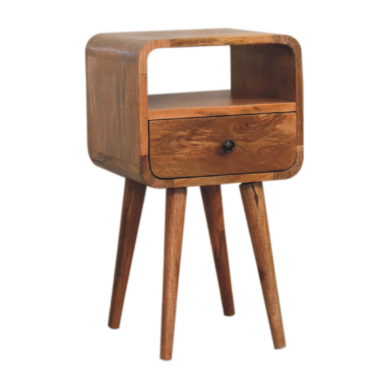 Mini Mesita de Noche Curva Estilo Roble Abierta