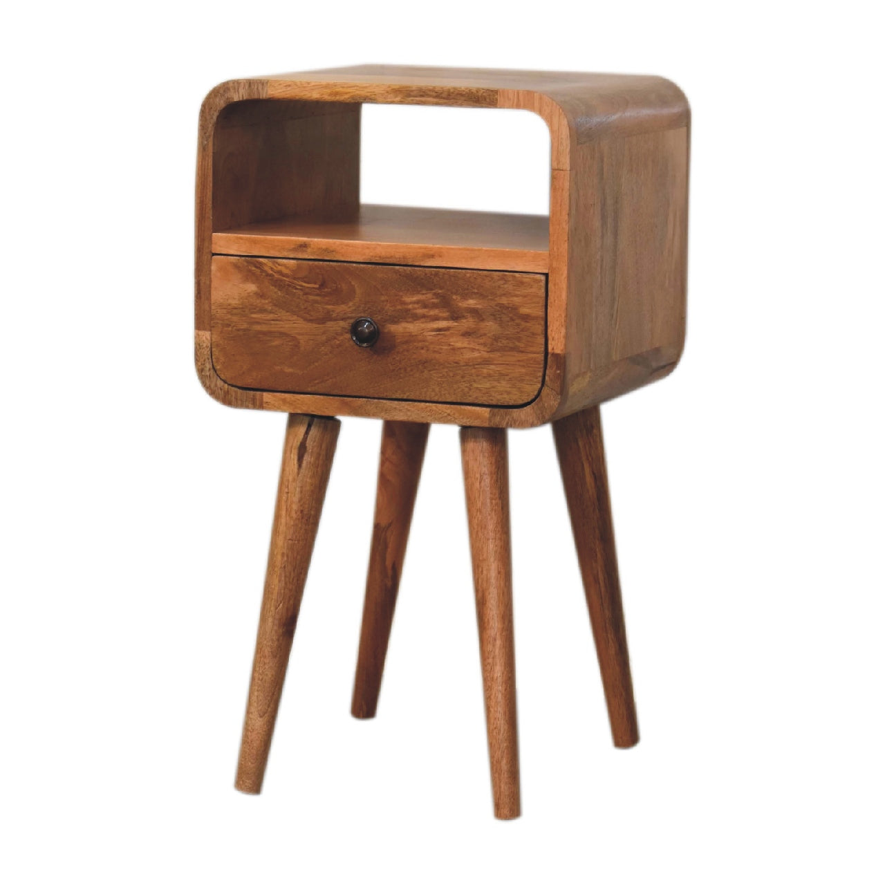 Mini Mesita de Noche Curva Estilo Roble Abierta