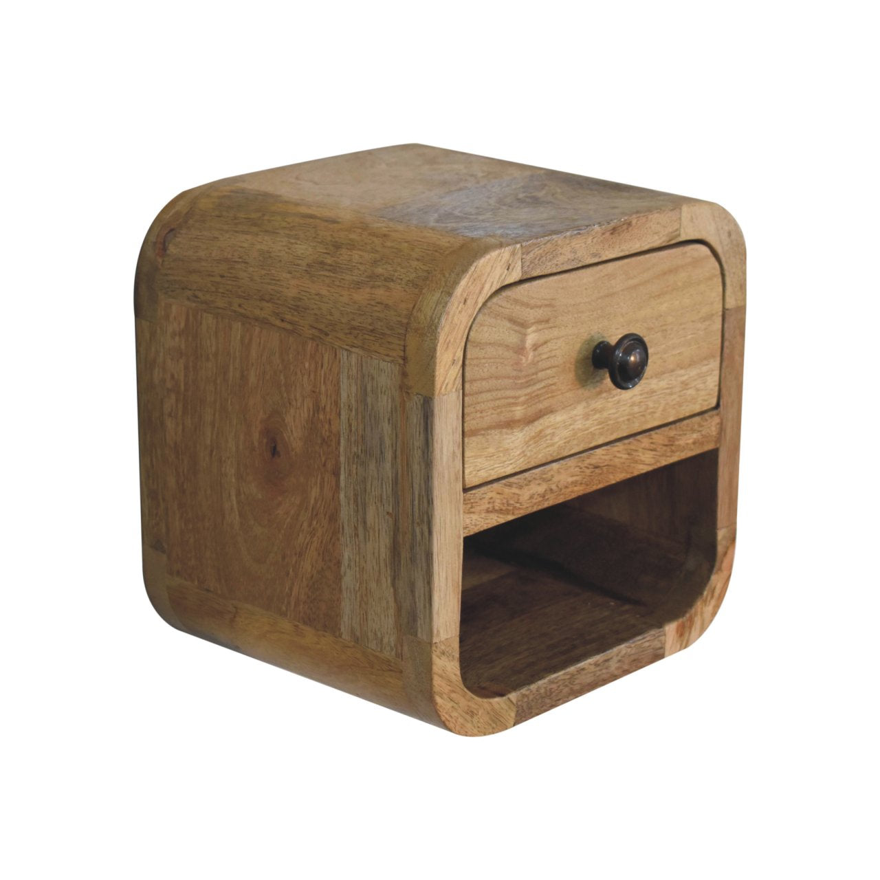 Mesa de Noche Curva Extra Mini Estilo Roble con Estante Abierto