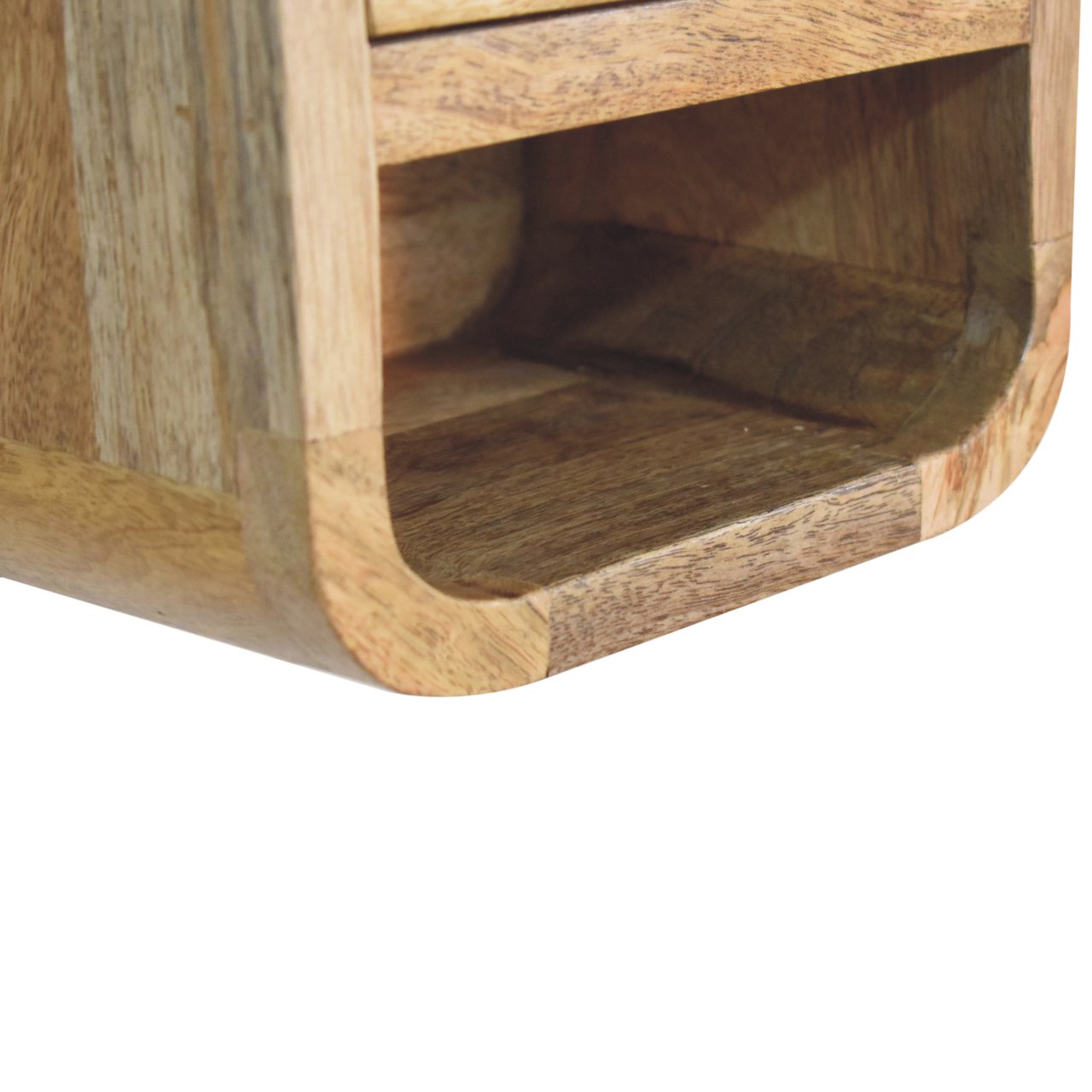 Mesa de Noche Curva Extra Mini Estilo Roble con Estante Abierto