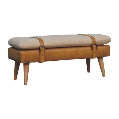 BouclÃ© Buffalo Hide Tan Leather Bench