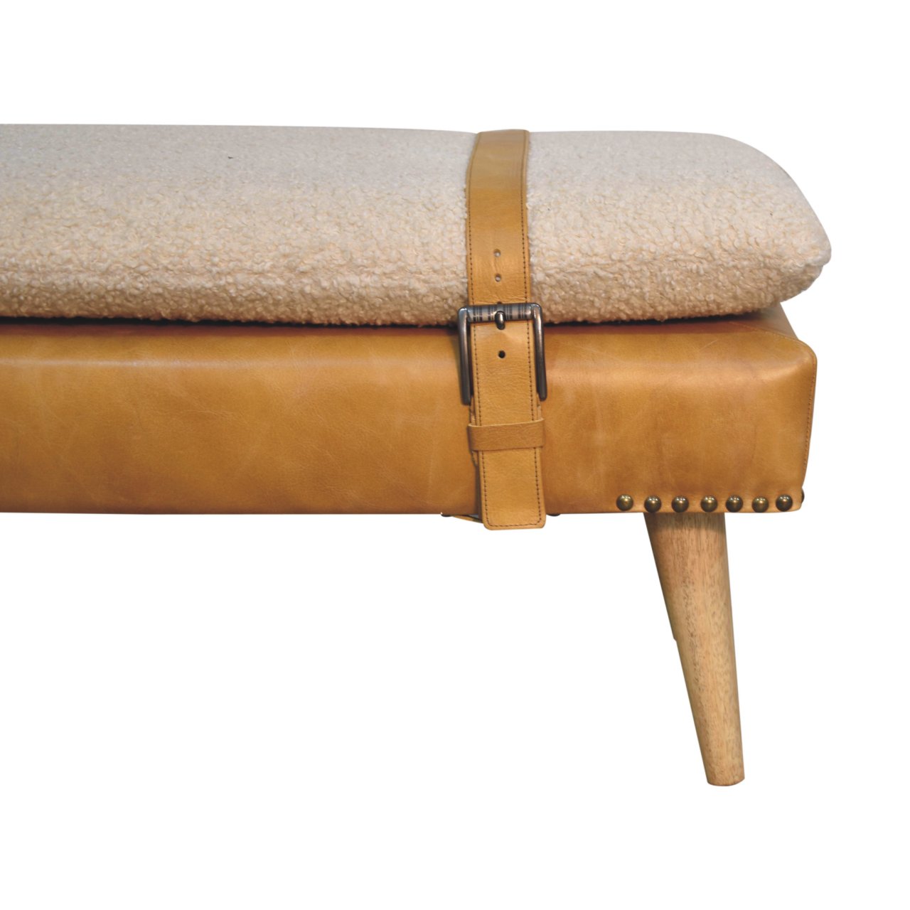 BouclÃ© Buffalo Hide Tan Leather Bench