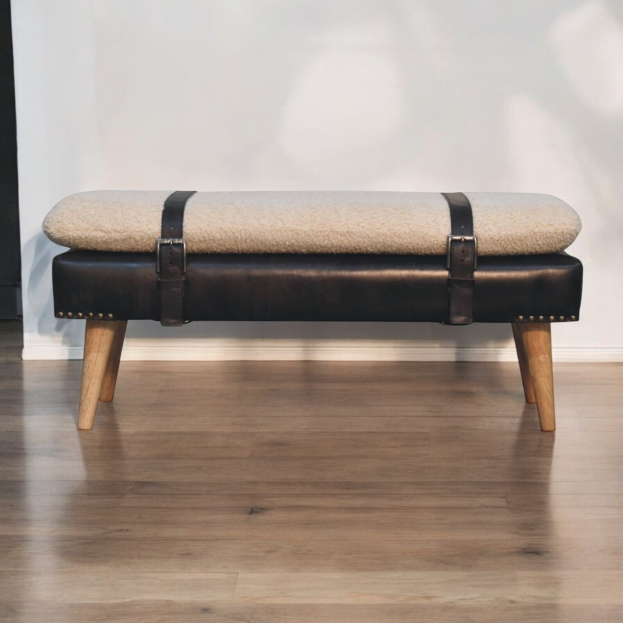 BouclÃ© Buffalo Hide Black Leather Bench