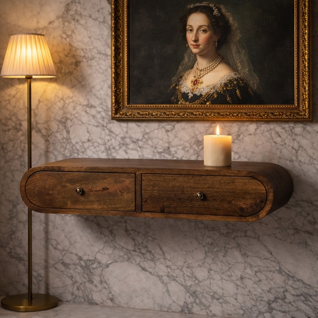 Wandmontierte Konsole mit abgerundeten Kanten und 2 Schubladen
